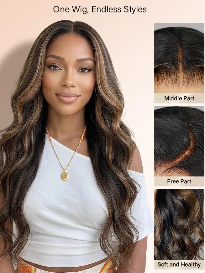 A woman modeling a long body wave wig with highlighted brown and black tones by WigOutlets