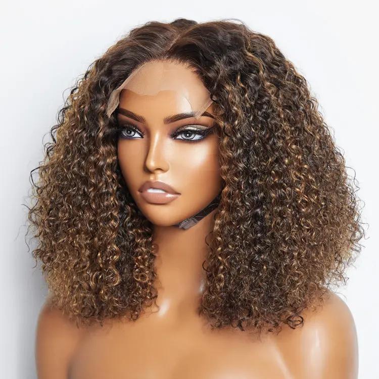 Brown Highlight Bob Wig Kinky Curly Hair 5x5 Lace Wigs