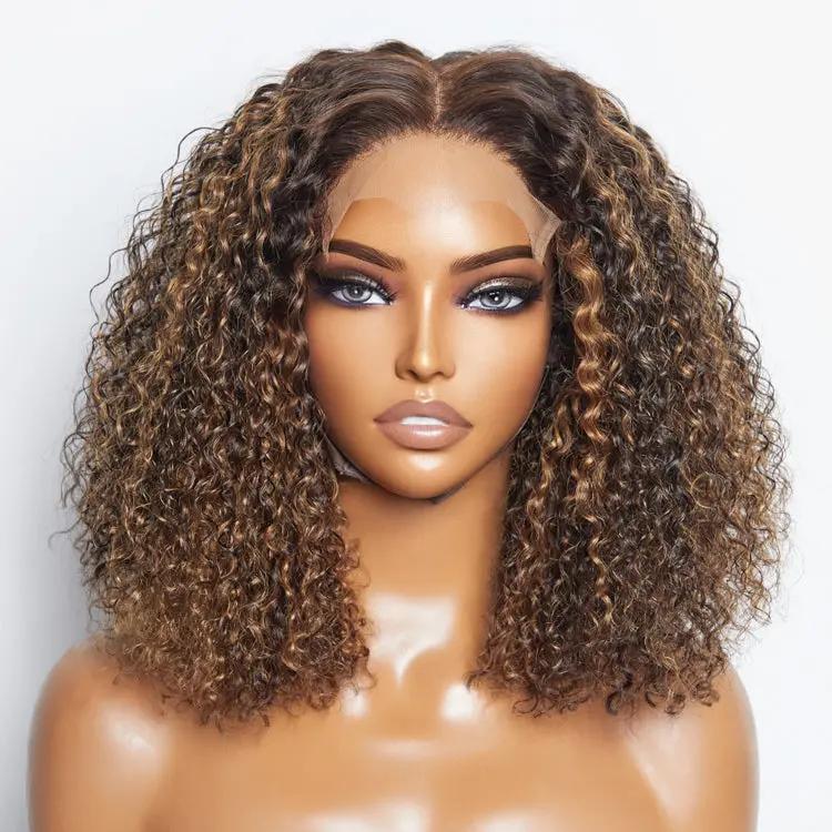 Brown Highlight Bob Wig Kinky Curly Hair 5x5 Lace Wigs