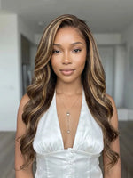 highlight wig body wave 13x4 lace front wigs black human hair with honey brown highlights | WigOutlets