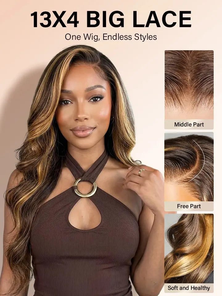 highlight wig body wave 13x4 lace front wigs black human hair with honey brown highlights | WigOutlets