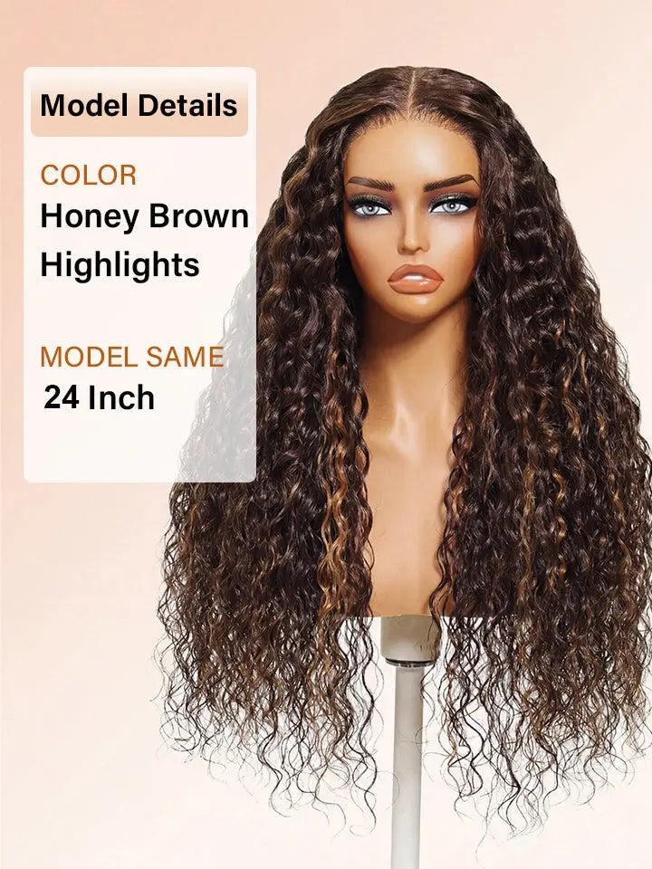 light brown highlight wig water wave 13x4 lace front human hair wigs | WigOutlets