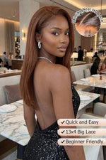 Model wearing the Wig_Outlets 13x4 Chocolate Brown Straight Glueless Wig indoors, showcasing the rich chocolate brown color with sleek, straight texture. The wig’s 13x4 lace front ensures a seamless, realistic hairline, while the glueless design offers a secure and comfortable fit. The straight style provides a polished, elegant look, perfect for indoor settings with soft lighting that enhances the wig’s natural shine and smooth finish.
