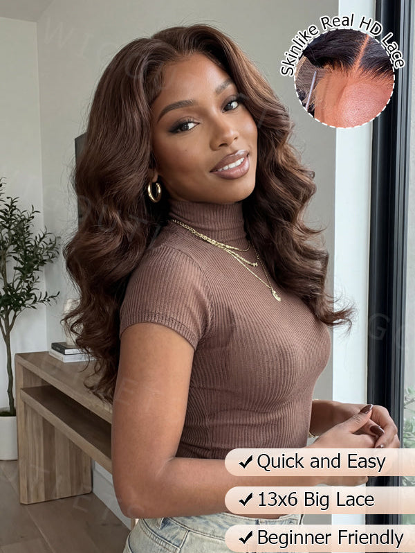 Model wearing the Wig Outlets 13x6 Chocolate Brown Glueless Body Wave Wig outdoors, showcasing the rich chocolate brown color with soft, voluminous body wave curls. The natural sunlight highlights the wig's smooth texture and shine, while the 13x6 lace front creates a flawless, realistic hairline. The body wave texture provides natural movement, adding bounce and volume for a fresh, elegant look.