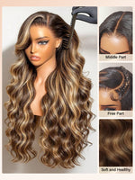 Full 13x6 Lace Front P4/27 Highlight Body Wave Human Hair Wig from Wig Outlets, showcasing various parting styles including middle, side, and free parts. The wig features a rich dark brown (
