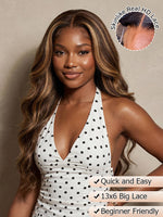 Full 13x6 Lace Front P4/27 Highlight Body Wave Human Hair Wig from Wig Outlets, featuring a rich dark brown base with warm honey blonde highlights. The body wave texture adds volume and natural movement, with a flawless lace front for a seamless, realistic hairline. The wig offers versatility in styling and is made from 100% human hair for a soft, natural look.