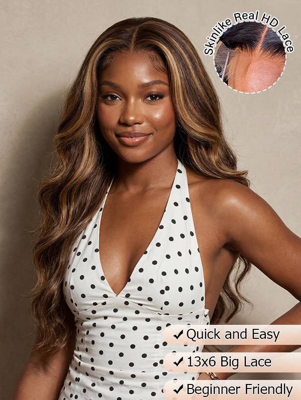 Full 13x6 Lace Front P4/27 Highlight Body Wave Human Hair Wig from Wig Outlets, featuring a rich dark brown base with warm honey blonde highlights. The body wave texture adds volume and natural movement, with a flawless lace front for a seamless, realistic hairline. The wig offers versatility in styling and is made from 100% human hair for a soft, natural look.