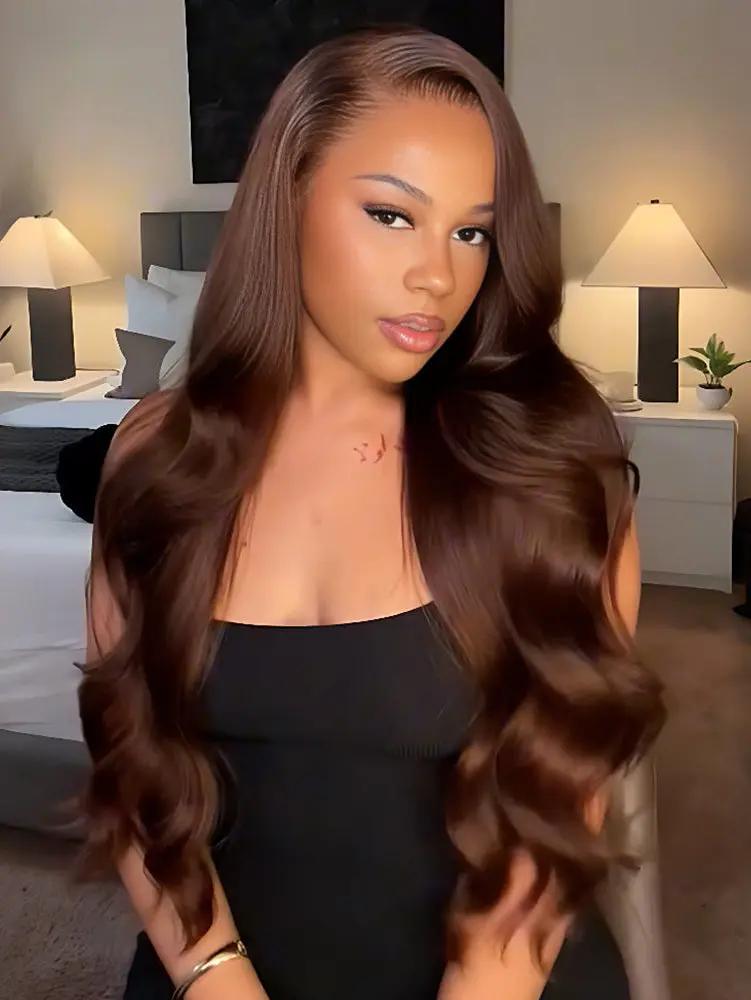 A woman with long body wave chocolate brown human hair wig by WigOutlets