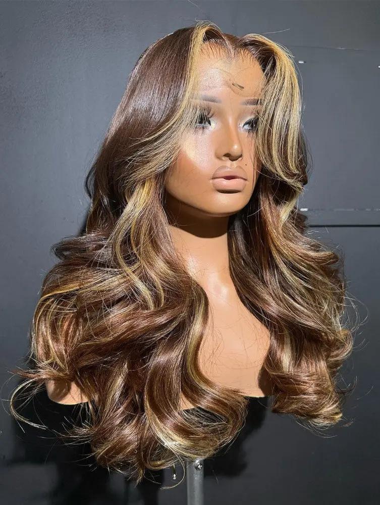 Long body wave wavy 5x5 lace wig with brown and blonde highlights by WigOutlets