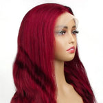 The detail of long, wavy burgundy wig from WigOutlets