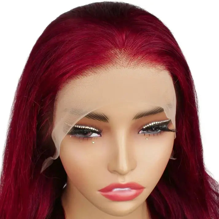The Burgundy 13x4 lace front human hair wig has a natural hairline from WigOutlets
