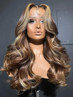 5x5 lace front Long wavy wig with brown and blonde balayage highlights by WigOutlets