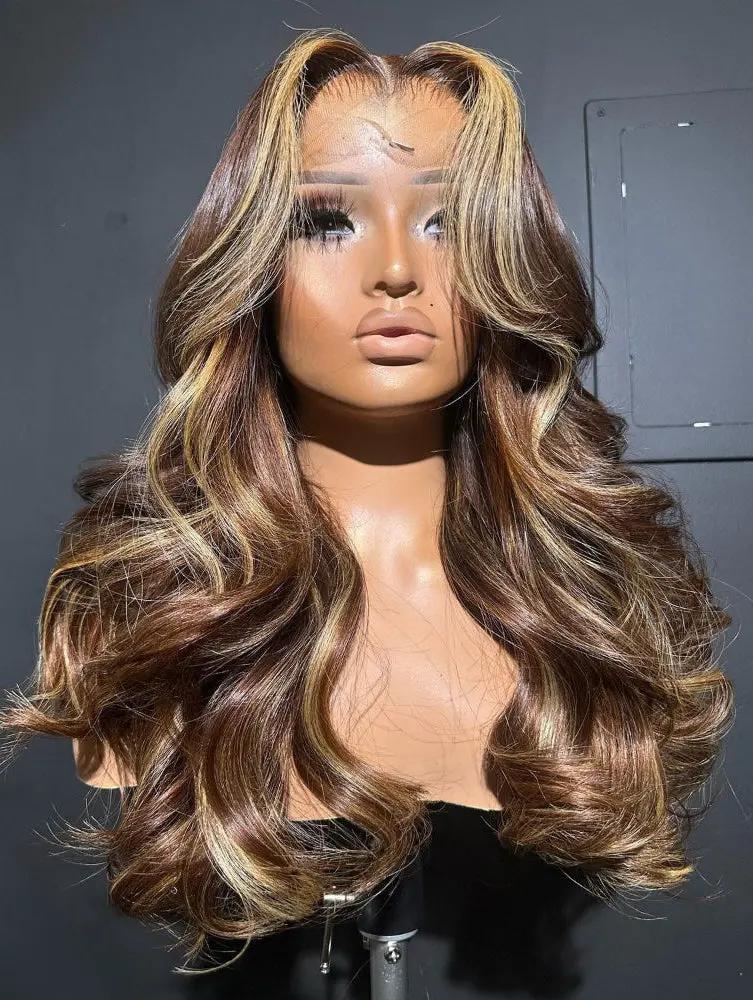 5x5 lace front Long wavy wig with brown and blonde balayage highlights by WigOutlets