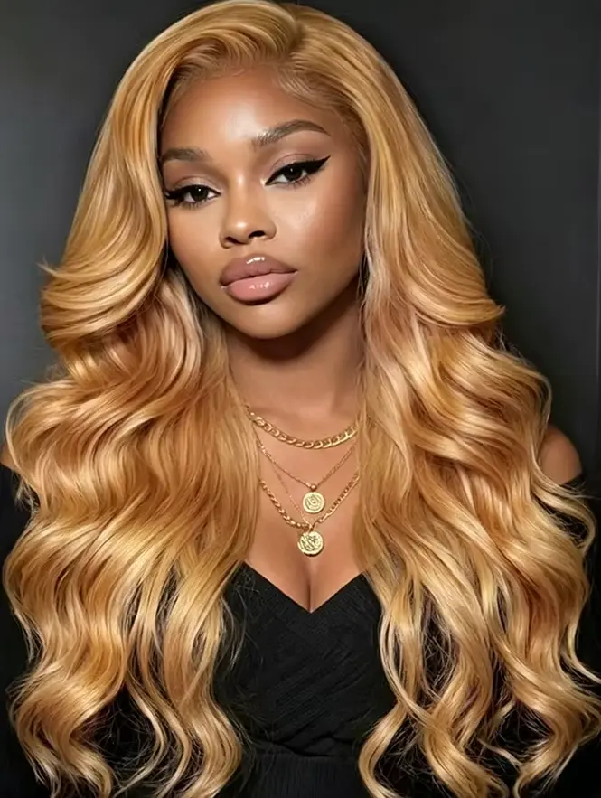A woman modeling long body wave honey blonde human hair wig from wigoutlets
