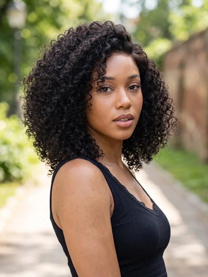A woman with voluminous, kinky curly black bob wig