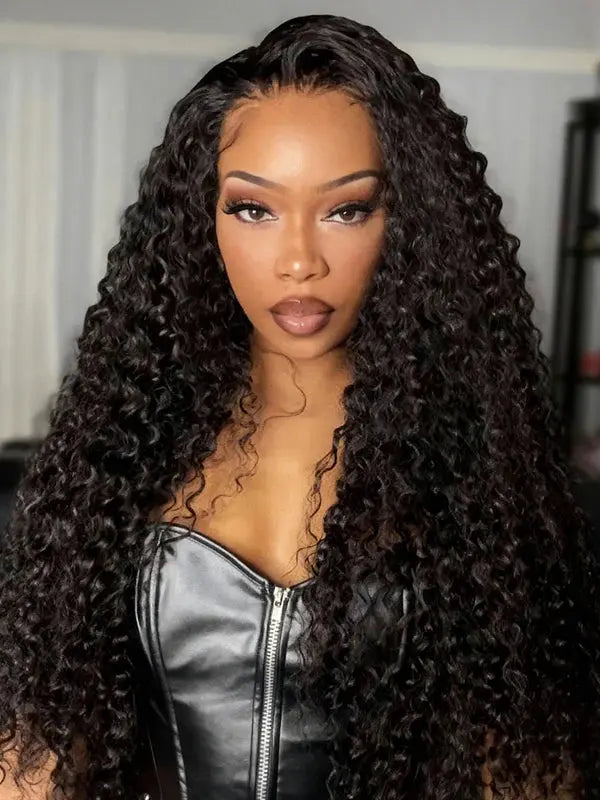 Woman with long curly black hair wig | WigOutlets