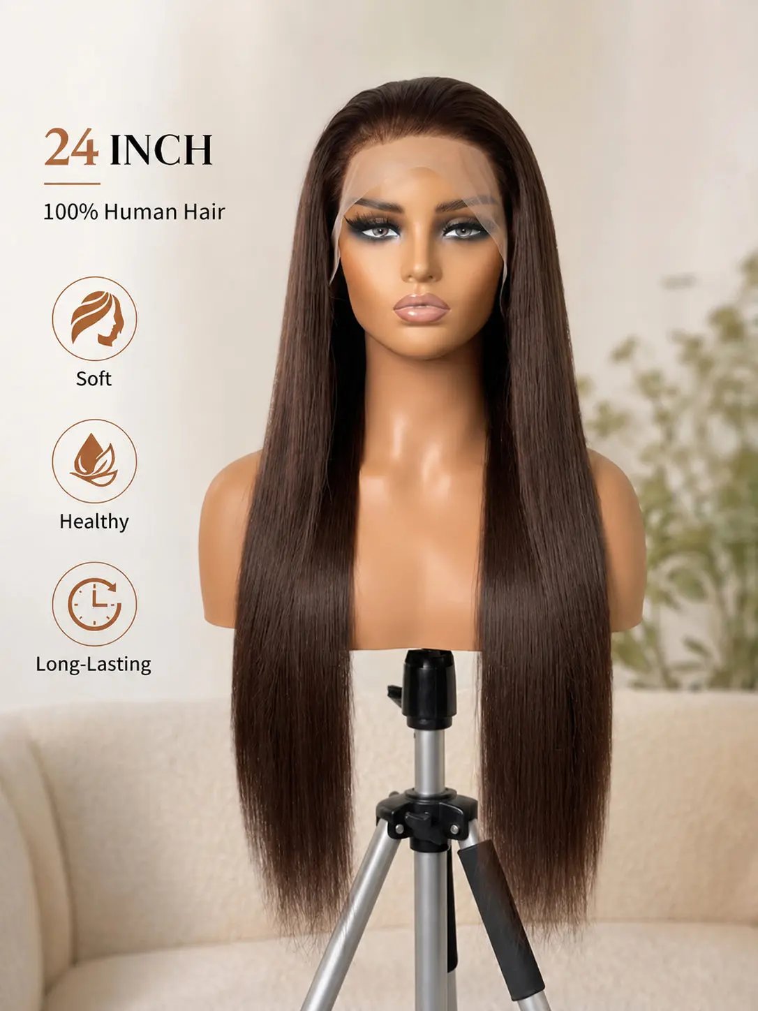 wigoutlets chocolate brown straight wig 13x4 lace front human hair wig front view