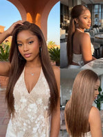 wigoutlets chocolate brown straight 13x4 lace front human hair wig on model