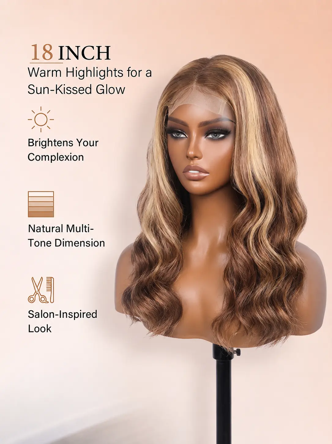 An 18-inch wavy human hair wig with warm blonde highlights  from WigOutlets