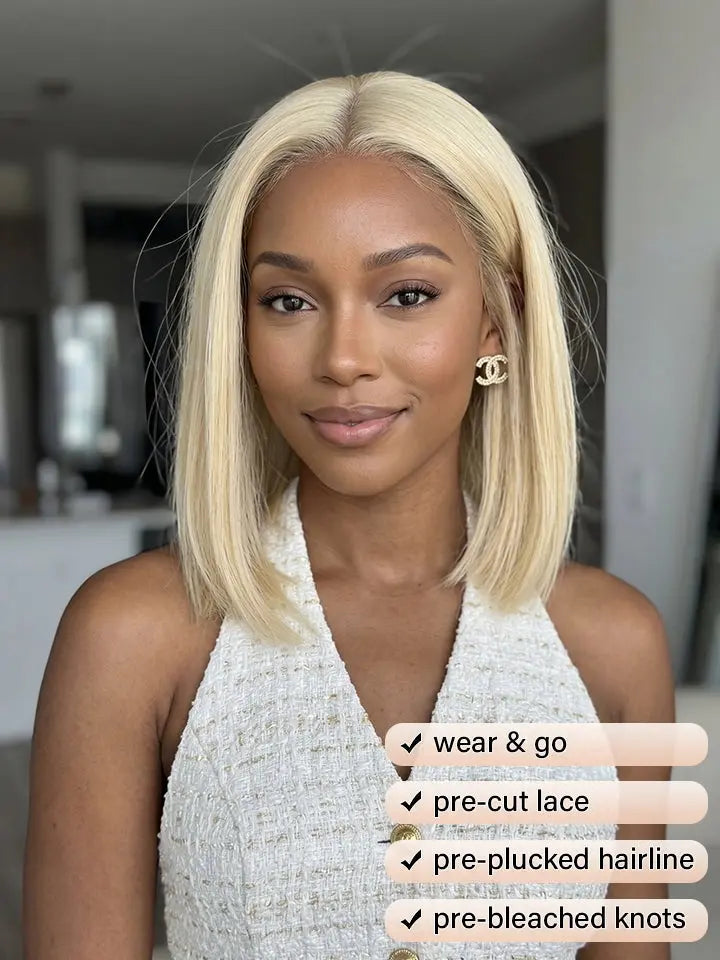 Glueless 613 Blonde Bob Wig on model.