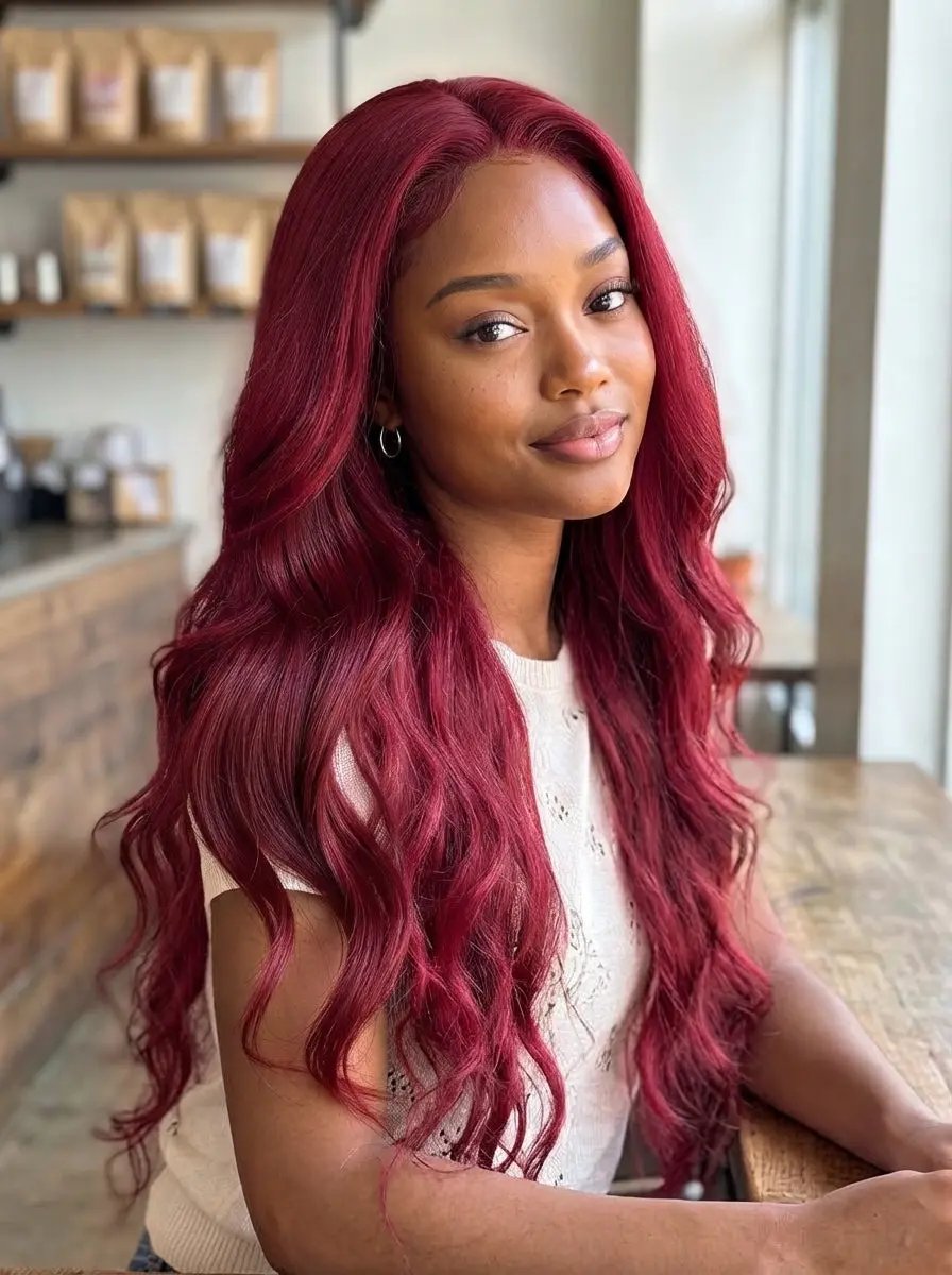 model on wigoutlets burgundy body wave human hair wig