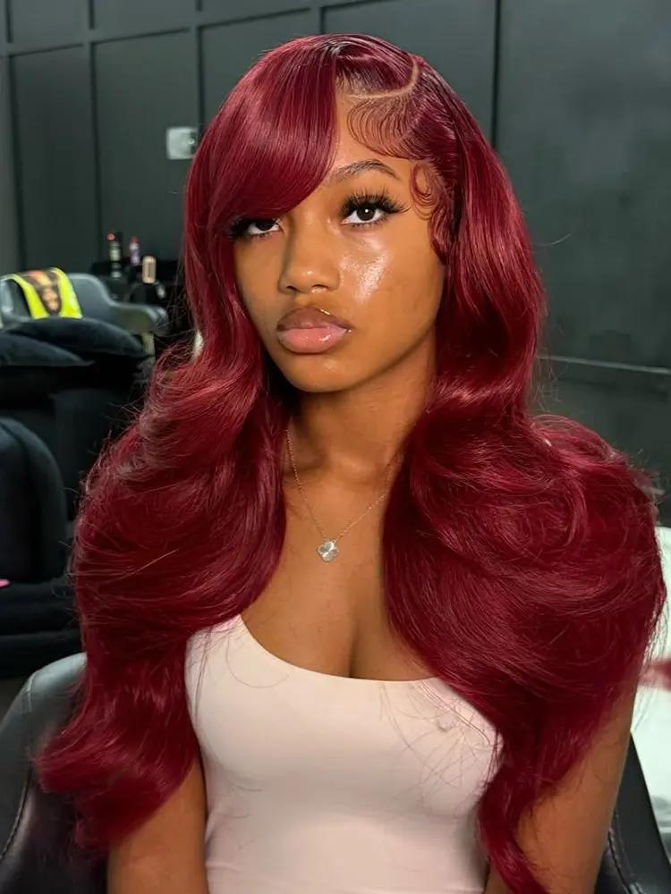 model on wigoutlets burgundy body wave lace front wig