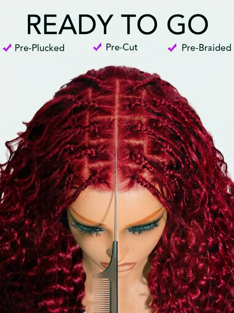 Burgundy Boho Braid Wig Water Wave 13x6 Lace Wigs 100% Human Hair