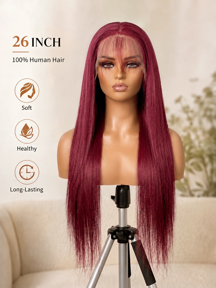 10"~30" Burgundy Straight Human Hair 13x4 Lace Front Wig