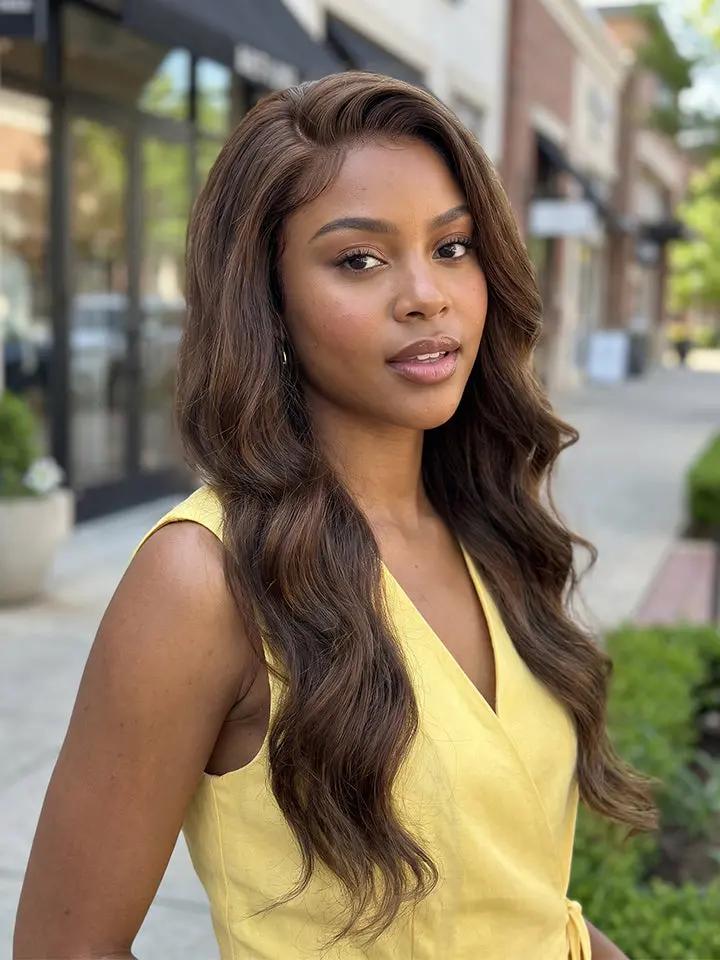 The model with long wavy brown hair wig | WigOutlets