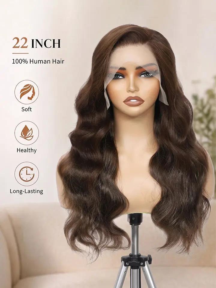 A 22-inch long body wave wig dark brown wavy hair with a realistic lace front | WigOutlets