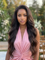 wigoutlets chocolate brown body wave lace front human hair wig on model
