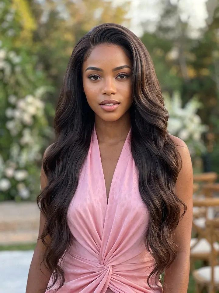 wigoutlets chocolate brown body wave lace front human hair wig on model