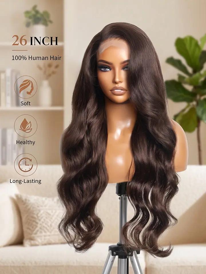 A 26-inch body wave lace closure human hair wig with dark brown hair color from WigOutlets