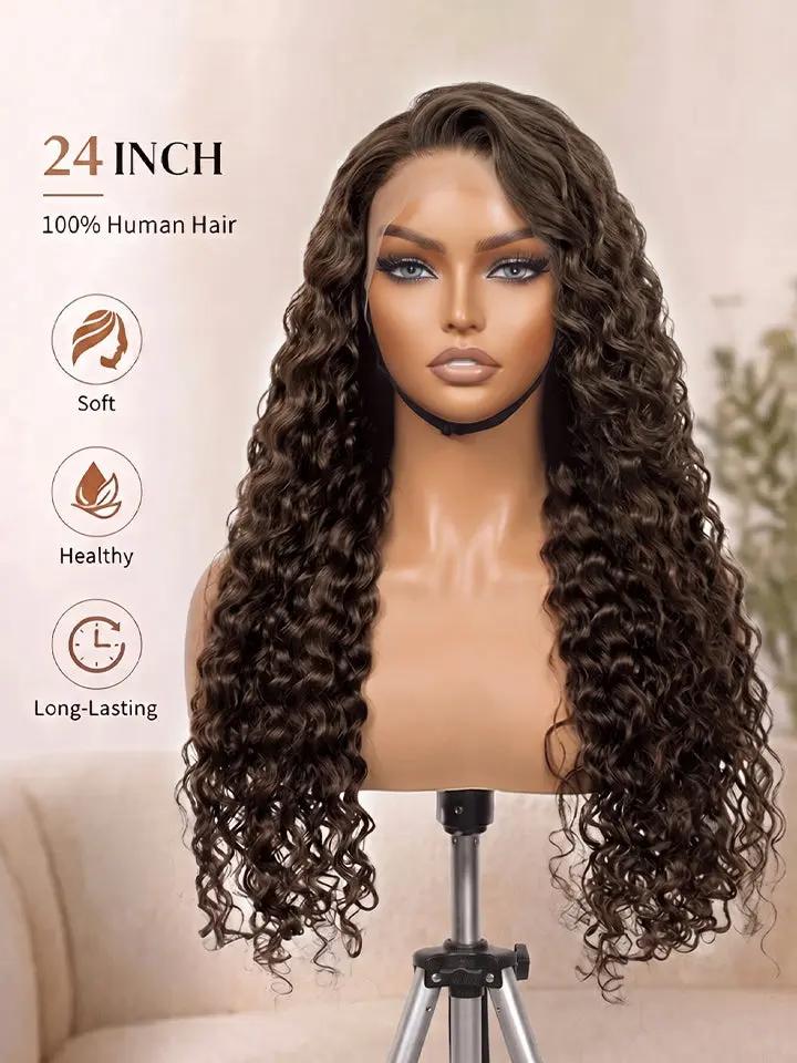 wigoutlets chocolate brown wig water wave 13x4 lace front human hair wig front view