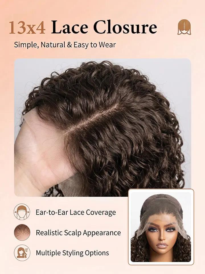 wigoutlets chocolate brown water wave 13x4 lace front human hair wig lace details