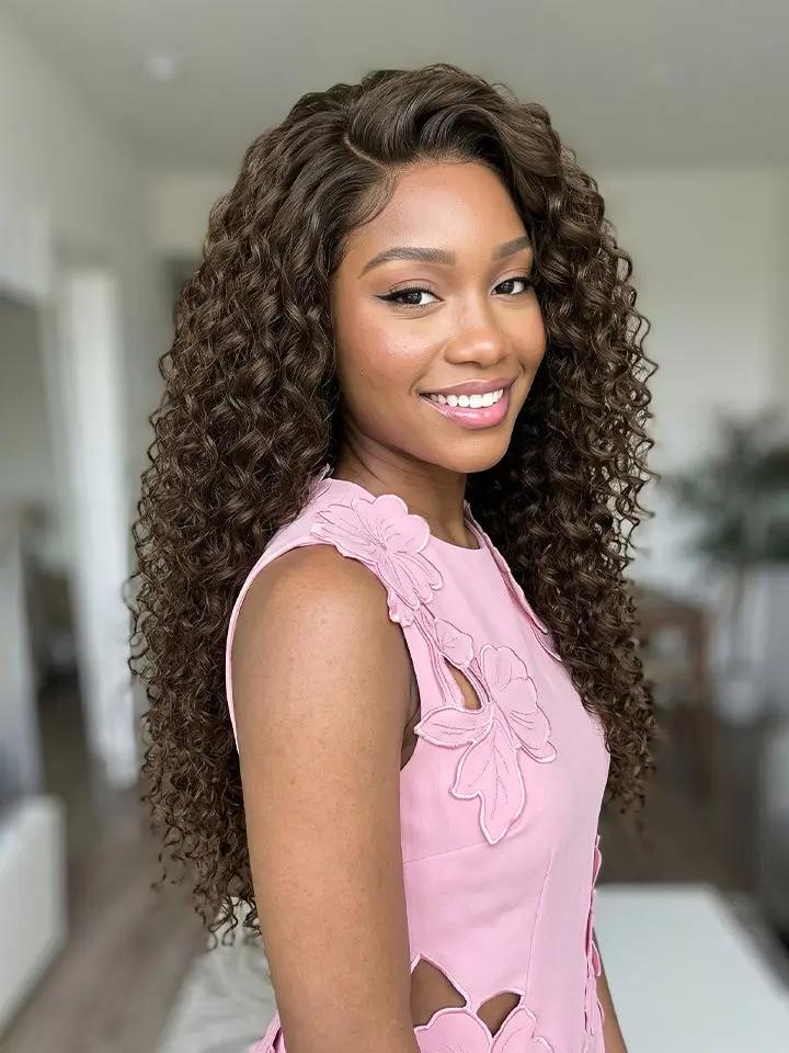 wigoutlets chocolate brown water wave 13x4 lace wig on model