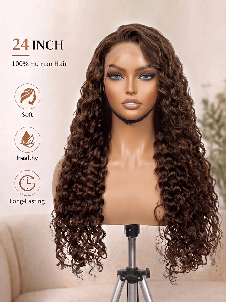 🔥24"=$149 | 24"~26" Chocolate Brown Water Wave Wig 13x4 Lace Front Human Hair Wigs