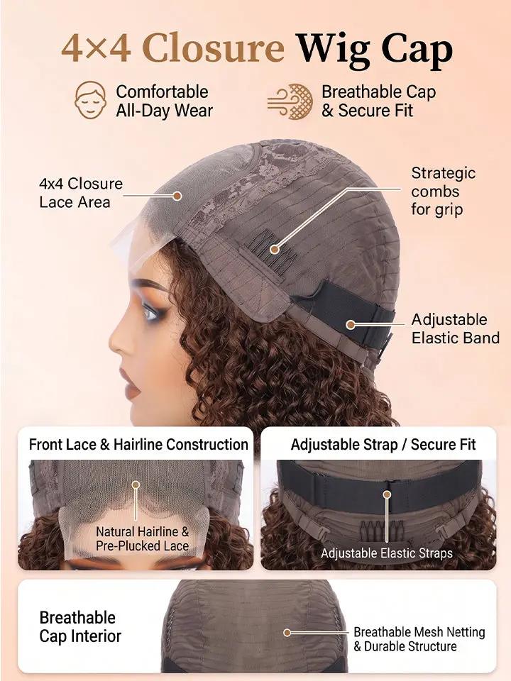 wigoutlets chocolate brown water wave 4x4 lace front human hair wig cap details