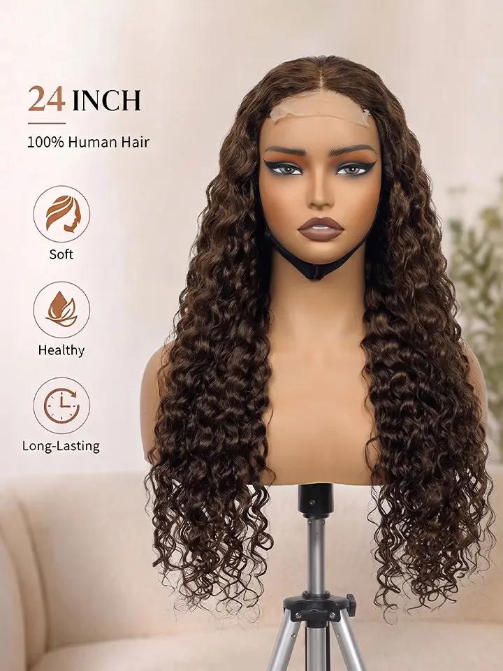 wigoutlets chocolate brown wig water wave 4x4 lace front human hair wig front view