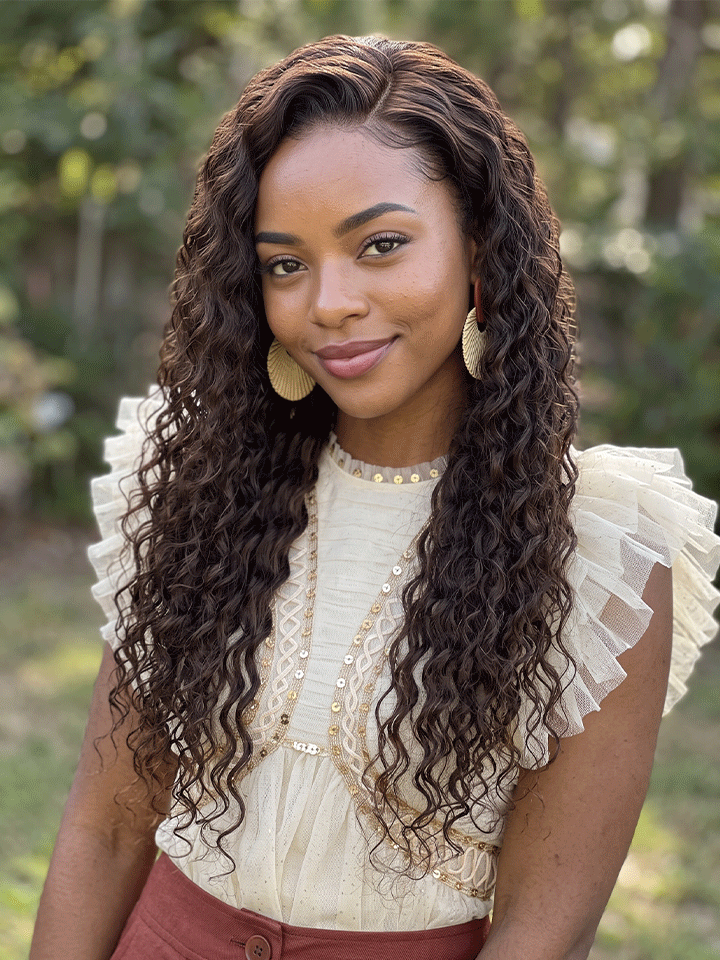 wigoutlets chocolate brown water wave lace front human hair wig on model