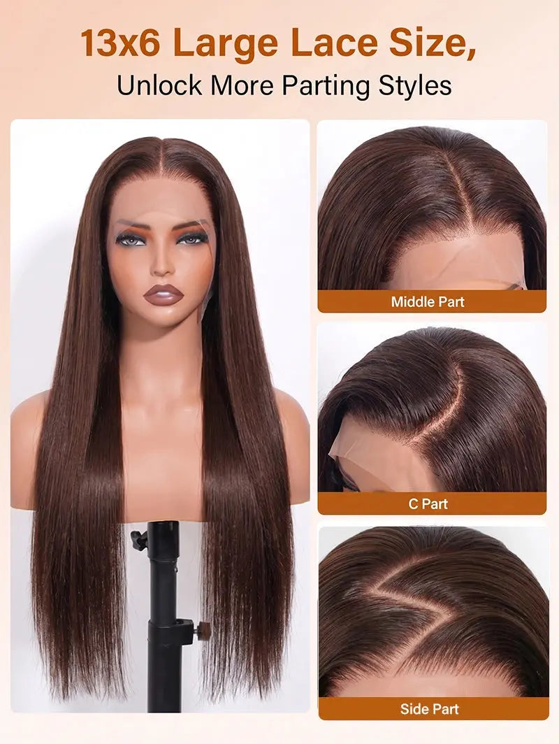 20"~28" Chocolate Brown Straight Hair 13x6 Lace Frontal Human Hair Wig