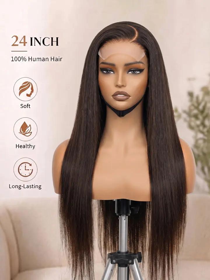 24 inches wigoutlets chocolate brown straight hair 4x4 lace front human hair wig front view