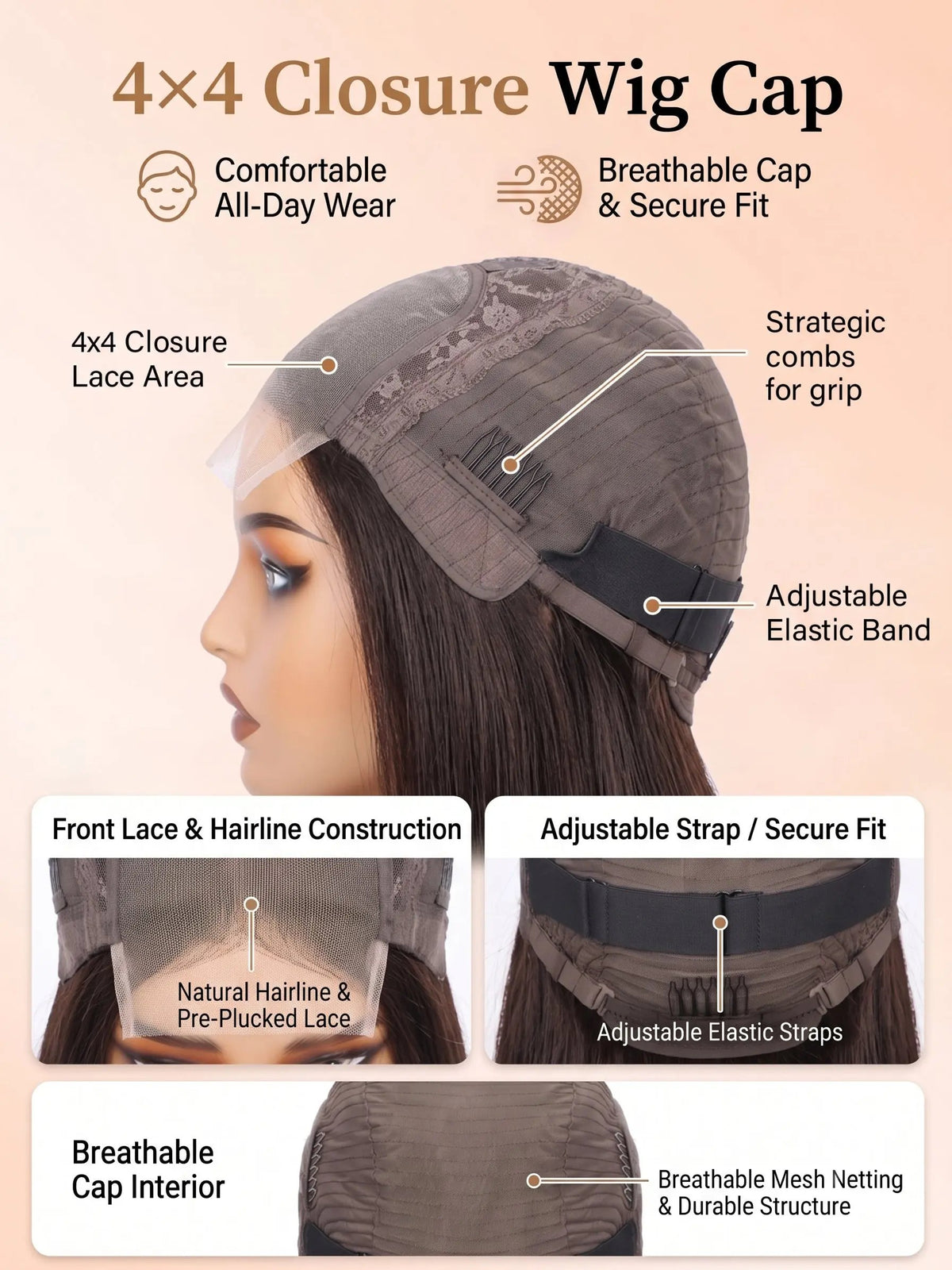 wigoutlets chocolate brown straight hair 4x4 lace closure wig cap detail