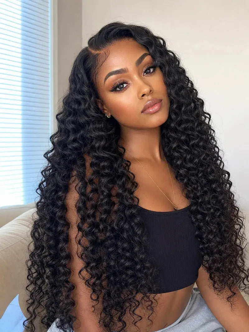14"~28" 5x5 Lace Wig Deep Wave Human Hair Wigs Natural Black Color