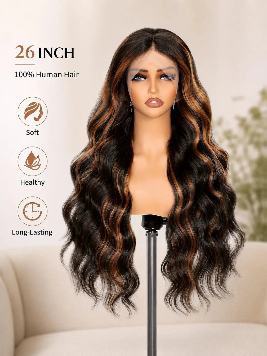 A 26-inch long body wave wig with natural black hair and brown highlights | WigOutlets