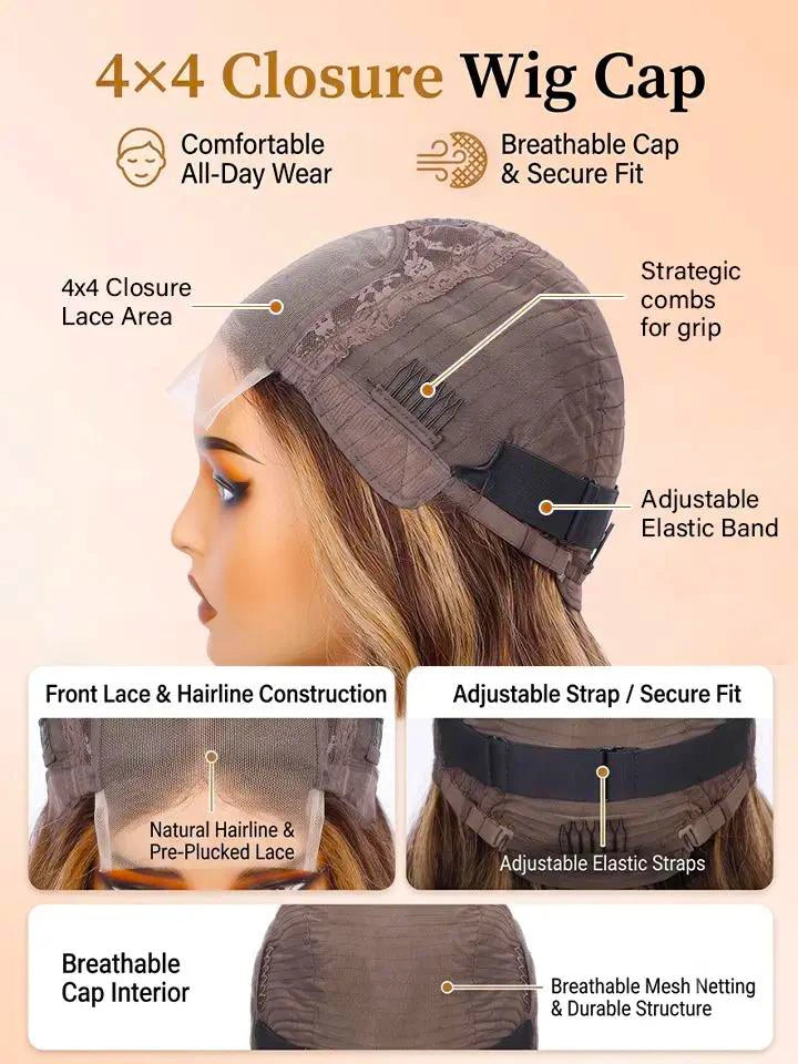 A 4x4 closure wig cap with elastic band, breathable cap, and adjustable straps.  comfort, all-day wear, and secure fit from WigOutlets