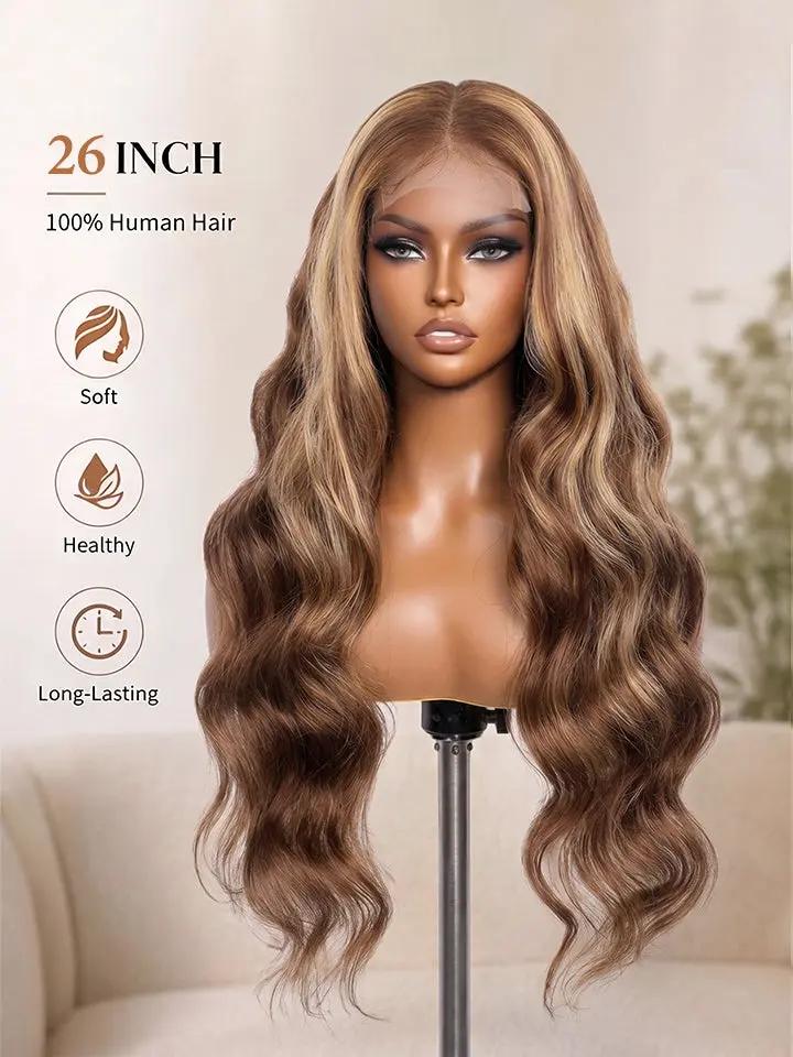A 26-inch long human hair body wave wig with highlighted brown and blonde tones from WigOutlets