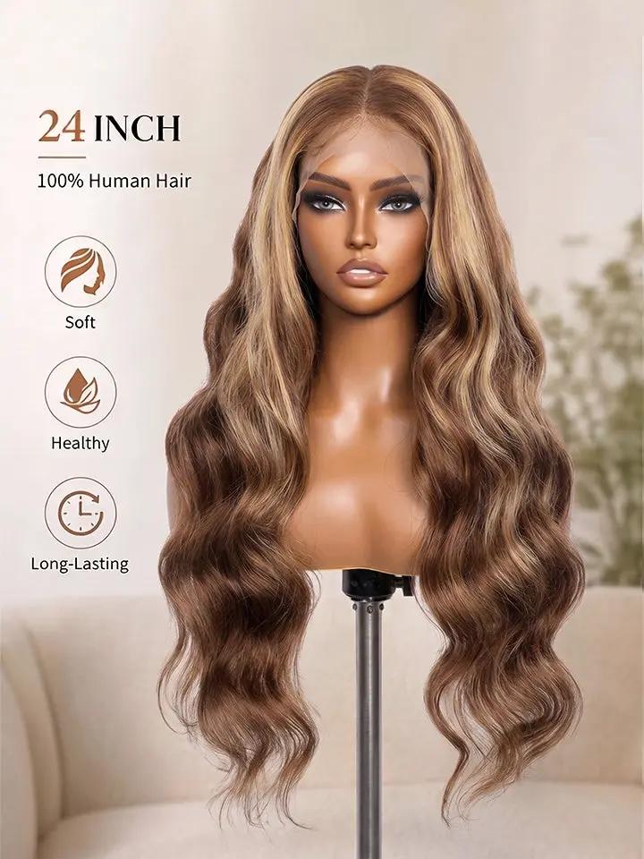 A 24-inch human hair long wavy wig with brown and blonde highlights | WigOutlets
