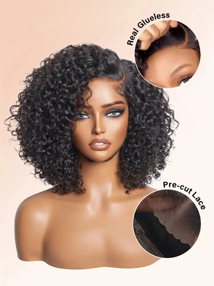 8"~14" Kinky Curly Glueless Bob Wig 4x4 Lace Natural Black Human Hair Wigs