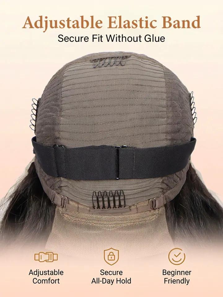 Back view of a wig with an adjustable elastic band and internal mesh cap from WigOutlets.com
